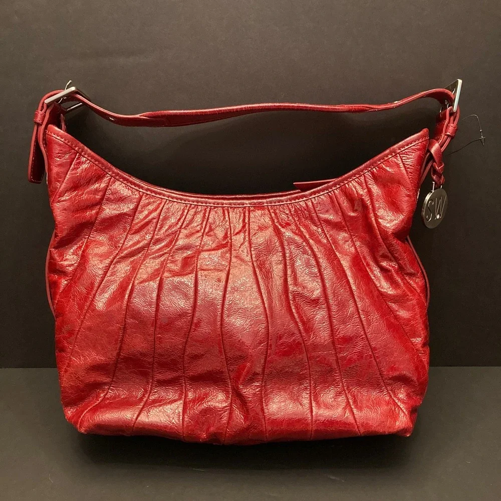 Stuart Weitzman Cala Medium‎ Bucket Bag Purse Claret Red Glass Patent Leather